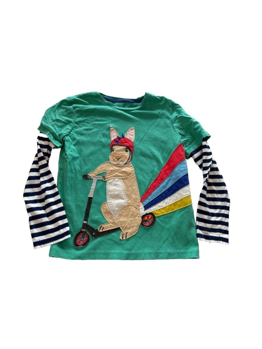 Mini Boden Youth 8-9Y Bunny Skating Rainbow Applique Long Sleeve Green Top